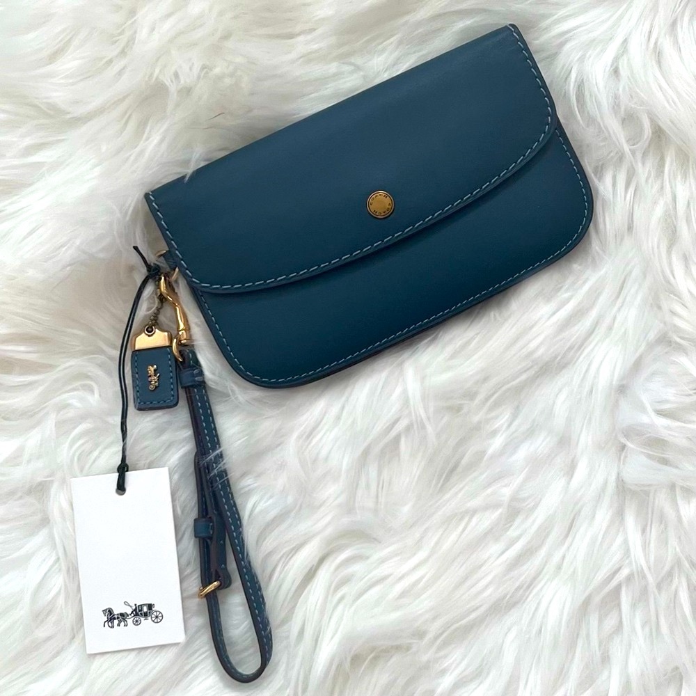 NWT Coach Denim Leather Wristlet with Gold Hardware